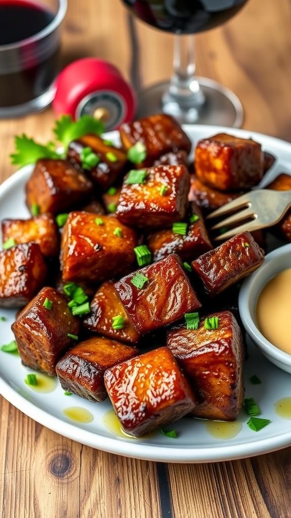 Crispy garlic steak bites on a plate, garnished with parsley, served with a dipping sauce and a glass of red wine.